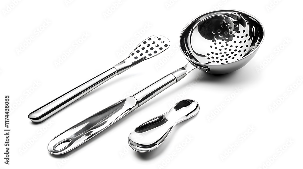 A silver spoon, spatula and strainer are shown on a white background A silver spoon, spatula and strainer are shown on a white background