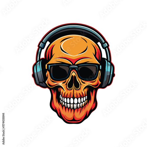 A cartoon skull wearing oversized sunglasses and headphones, with a humorous expression.