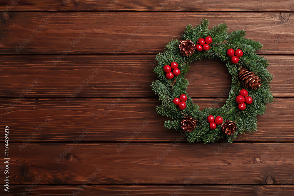 Festive Christmas wreath adorned with red berries and pine cones Festive Christmas wreath adorned with red berries and pine cones