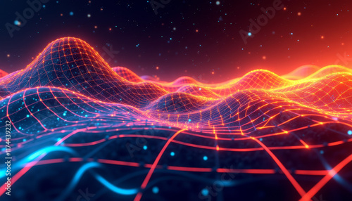 Wallpaper Mural Vibrant Neon Grid with Orange and Blue Waves Torontodigital.ca