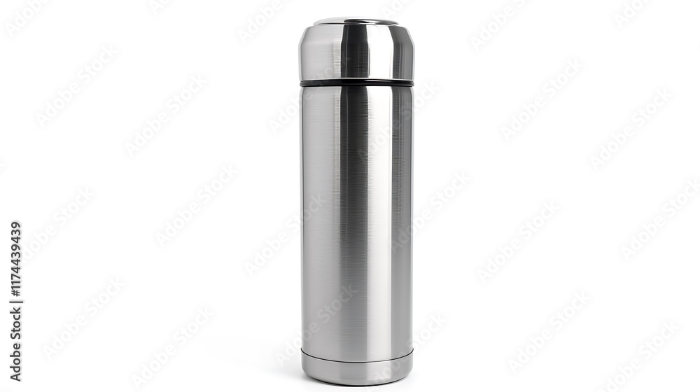 A silver thermos is sitting on a white background A silver thermos is sitting on a white background