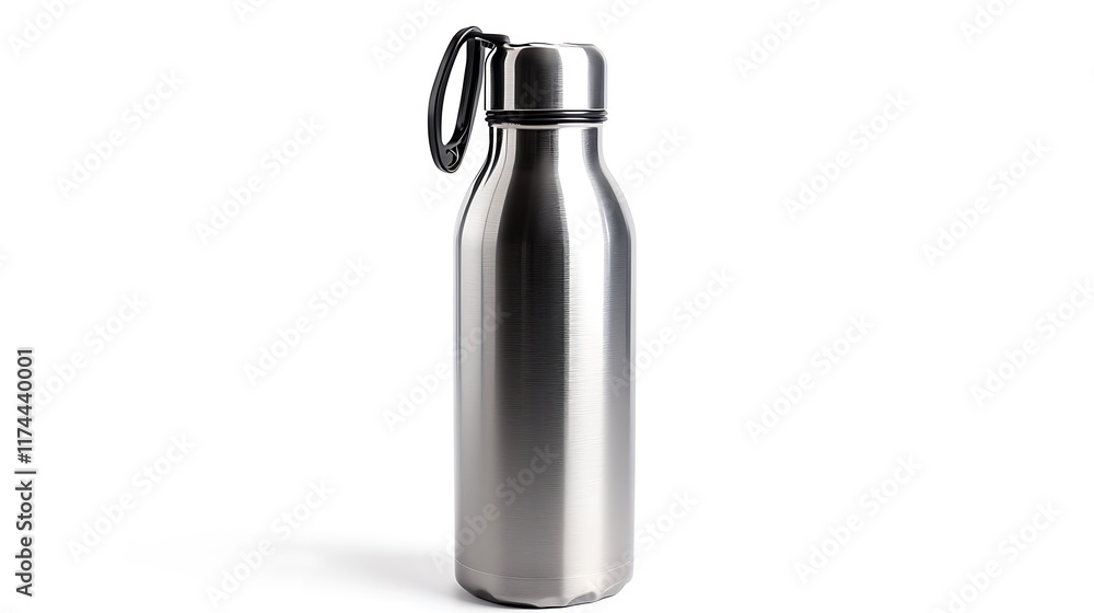 A silver water bottle with a black handle A silver water bottle with a black handle
