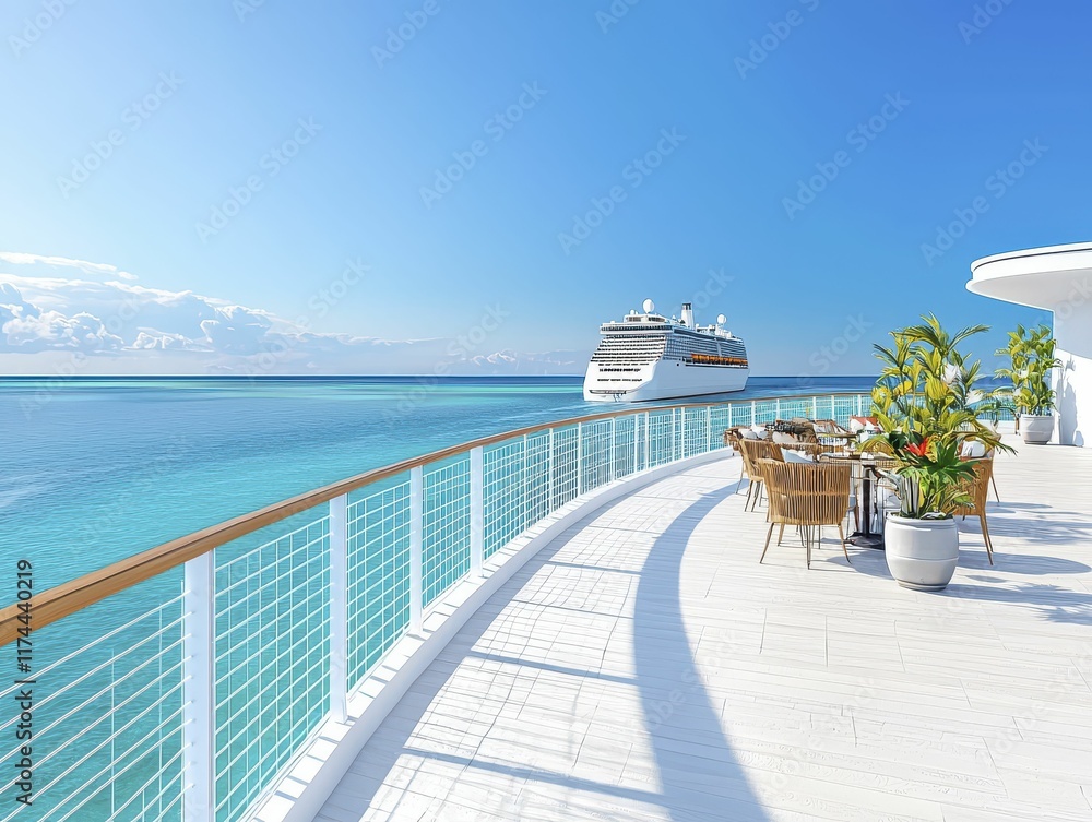 Obraz premium cargo management transportation coordination Scenic cruise ship view from a sunlit terrace.