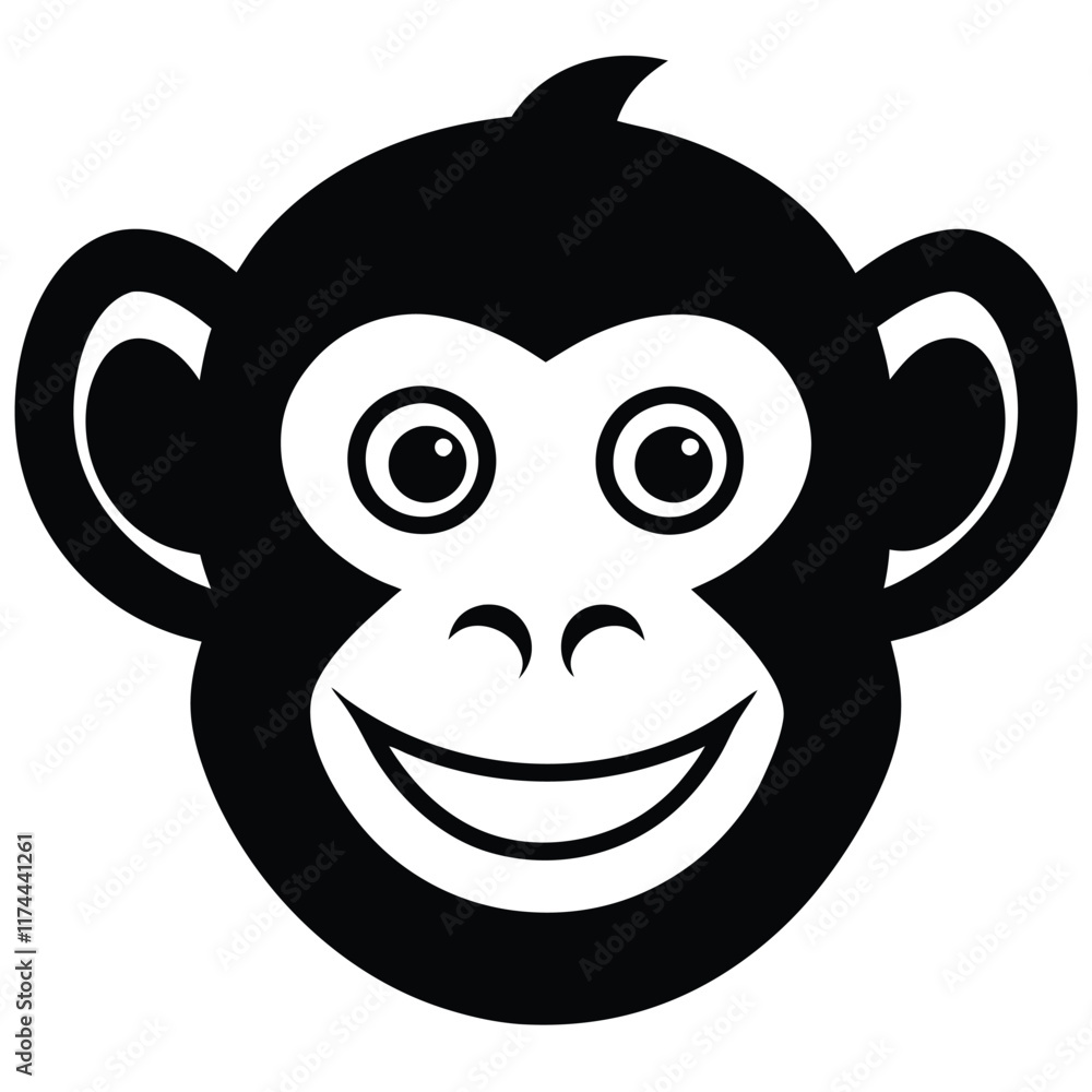 A simple monkey face with minimal details, round ears, and a smile, vector style. A simple monkey face with minimal details, round ears, and a smile, vector style.