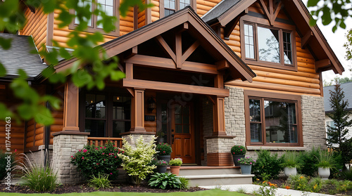 Fototapeta Naklejka Na Ścianę i Meble -  Craftsman-Style Log Home with Stone Accents and Landscaping
