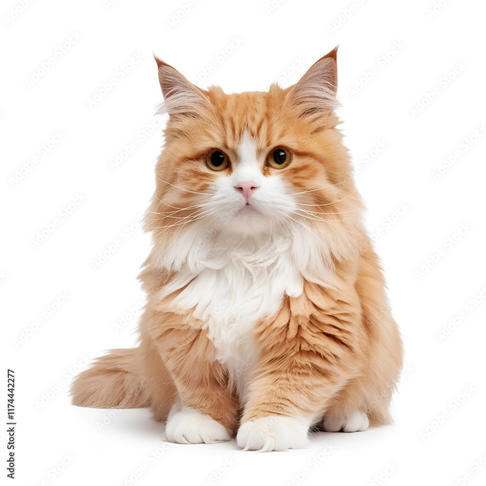 Fototapeta premium Adorable Ginger and White Cat Sitting Against White Background .