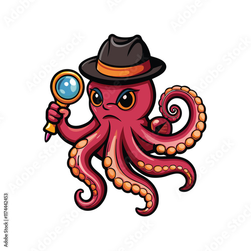 A cartoon octopus wearing a detective hat and using a magnifying glass to investigate a mystery.