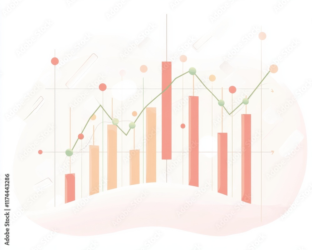 Abstract financial chart with colorful bars and lines representing data trends. Abstract financial chart with colorful bars and lines representing data trends.
