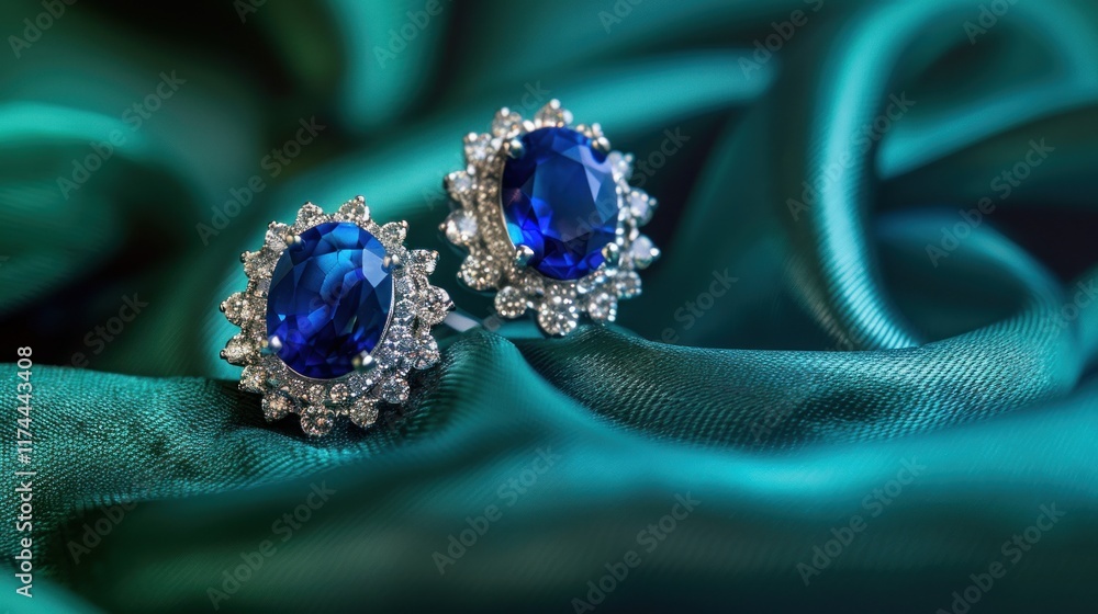 A pair of platinum earrings with sapphires, AI generated image A pair of platinum earrings with sapphires, AI generated image