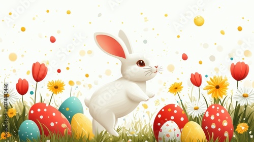 A charming Easter-themed seamless pattern with bunnies hopping among colorful Easter eggs, daisies, and tulips, designed with a whimsical and artistic touch