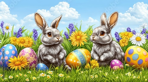 A charming Easter-themed seamless pattern with bunnies hopping among colorful Easter eggs, daisies, and tulips, designed with a whimsical and artistic touch