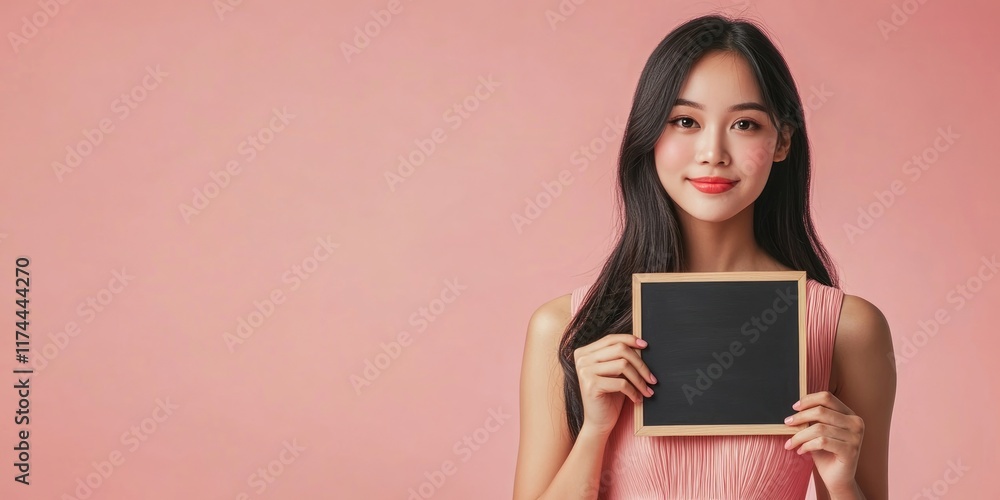 Woman Holding Blank Blackboard Against Pink Background Woman Holding Blank Blackboard Against Pink Background