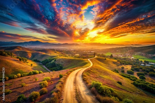 Aerial View Murrieta Dirt Road: Double Exposure Sunset Landscape Stock Photo