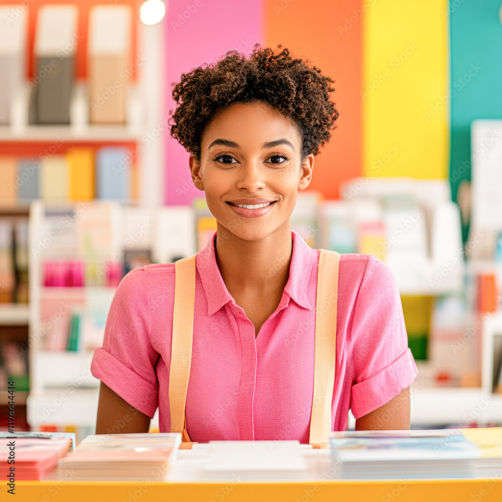 Φωτογραφία A woman in a pink shirt is smiling at the camera in front of a bookshelf