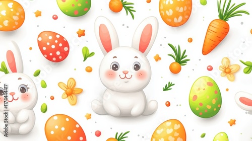  Easter pattern featuring bunnies, carrots, and festive eggs, arranged in a harmonious design with vibrant and playful colors