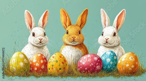  Easter pattern featuring bunnies, carrots, and festive eggs, arranged in a harmonious design with vibrant and playful colors