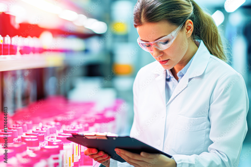 Fototapeta premium A woman in a lab coat is looking at a clipboard with a list of items