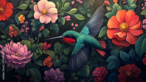 Hummingbird in a Vibrant Floral Paradise: A Masterpiece of Digital Art