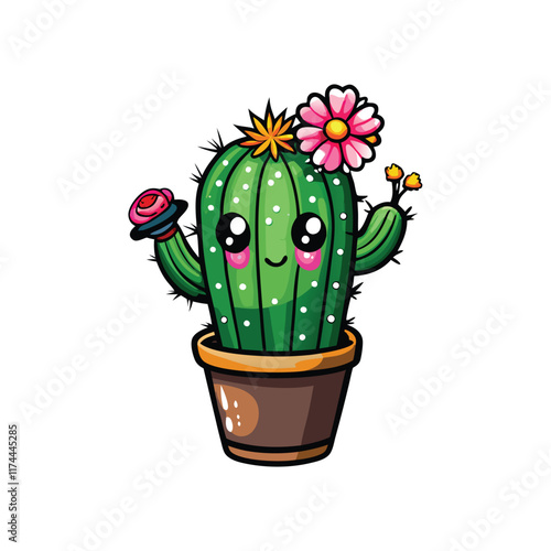 A cartoon cactus with a grumpy expression, small frown lines, and tiny feet. The cactus is green and prickly, with a pot and a playful, humorous touch.