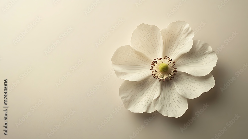 A single flower with intricate patterns lying flat on a matte cream backdrop A single flower with intricate patterns lying flat on a matte cream backdrop