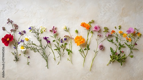 A playful mix of wildflowers placed at random on a creamy textured surface