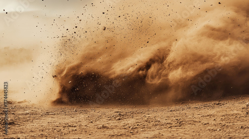 Desert sandstorm, brown dusty cloud or dry sand flying with gust of wind, big explosion realistic texture with small particles or grains vector illustration isolated on transparent background photo