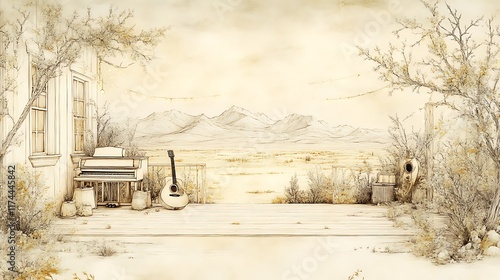Wallpaper Mural Rustic Porch Scene With Piano Guitar And Mountain View Torontodigital.ca