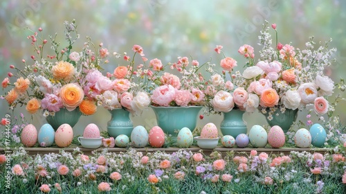 A picturesque spring holiday table set for Easter, adorned with floral arrangements, colorful eggs, and festive decorations in a garden setting photo