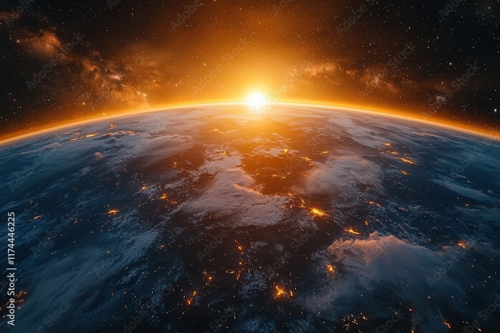View from space landscape with milky way galaxy, sunrise and earth View from space landscape with milky way galaxy, sunrise and earth