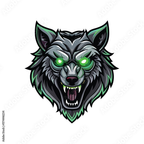 A cybernetic wolf with silver fur and glowing green eyes, digital circuitry embedded in its body.