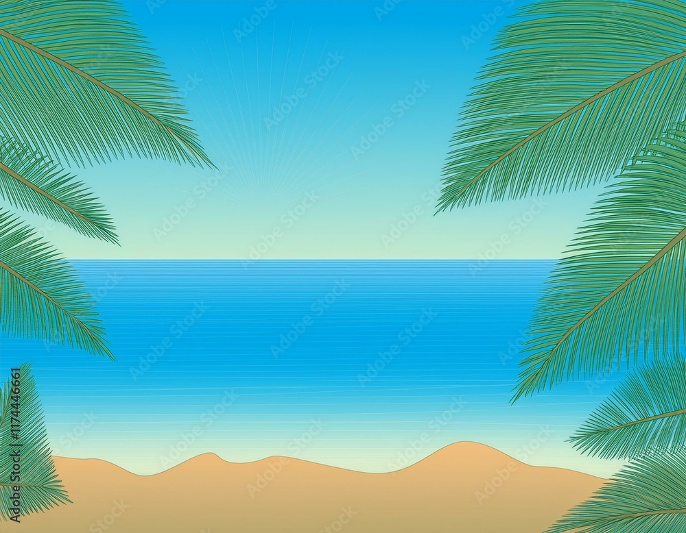 Obraz premium 左右にヤシの木があるビーチのイラスト