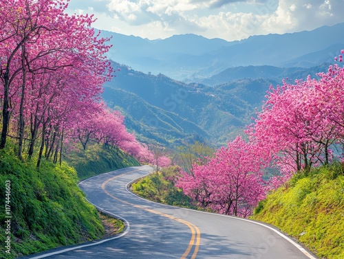 Spring road landscape in beautiful nature travel, spring colors in mountain road scenery