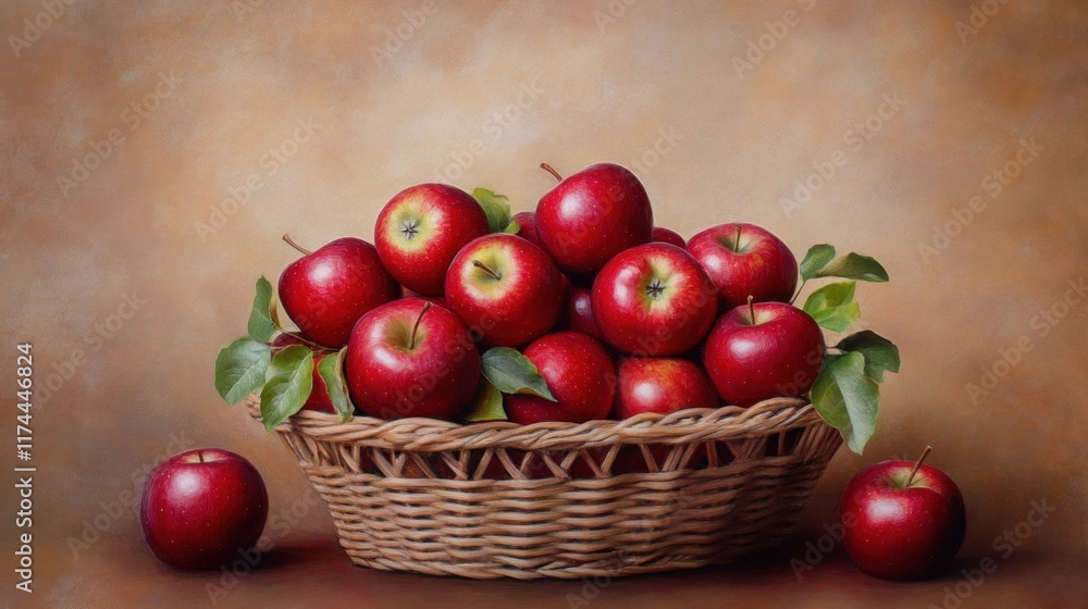 A vibrant basket filled with fresh red apples, accompanied by green leaves, set against a warm, textured background. A vibrant basket filled with fresh red apples, accompanied by green leaves, set against a warm, textured background.