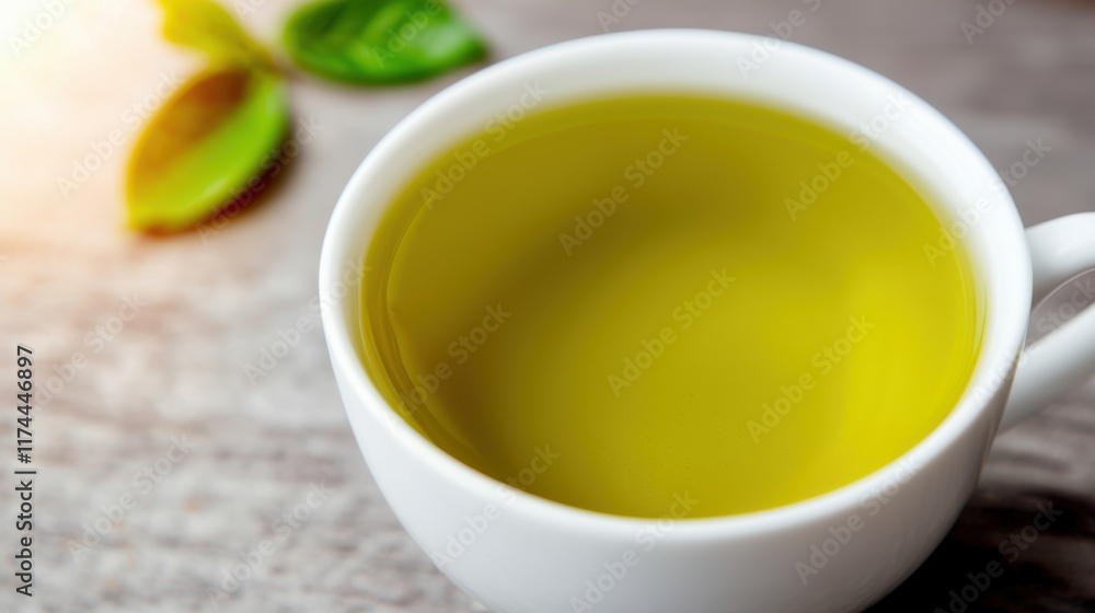 Anti-cancer and superfood concept. Steaming green tea in a white ceramic cup, symbolic of detox and cancer-fighting benefits Anti-cancer and superfood concept. Steaming green tea in a white ceramic cup, symbolic of detox and cancer-fighting benefits