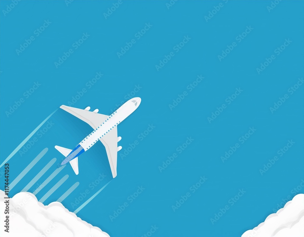Fototapeta premium 青い背景のシンプルな飛行機のイラスト