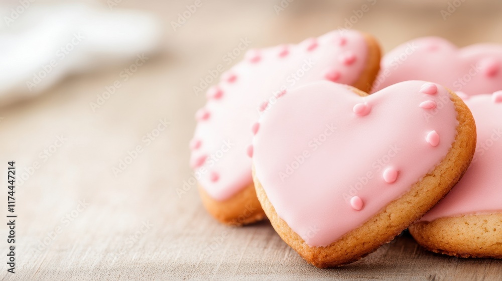 Pink heart-shaped cookies with decorative icing, perfect for celebrations or as a sweet gift, resting on a wooden surface. Pink heart-shaped cookies with decorative icing, perfect for celebrations or as a sweet gift, resting on a wooden surface.