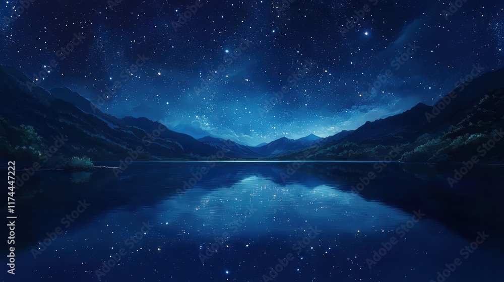 Obraz premium night sky above a quiet lake, where the reflection of the stars on the water's surface creates a mesmerizing, mirrored effect, adding to the tranquility of the scene