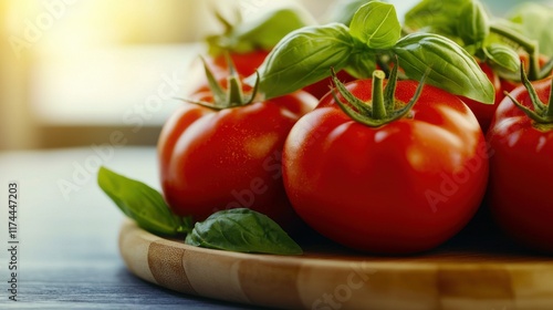 Anti-cancer and superfood concept. Bright red tomatoes with fresh basil, symbolizing lycopene-rich anti-cancer nutrition photo