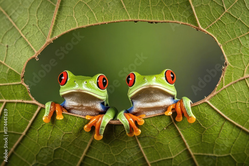 red eyed tree frog among the dry leaves	
