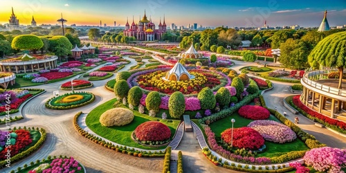 Fototapeta Naklejka Na Ścianę i Meble -  Aerial View of Dubai Miracle Garden's Artistic Floral Decorations