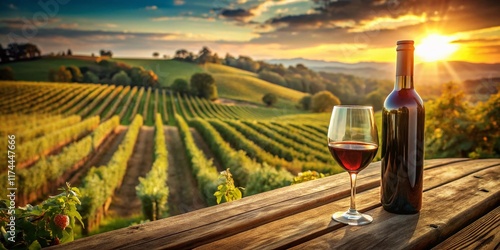 Aerial View of Elegant Glass and Bottle of Red Wine on Rustic Table