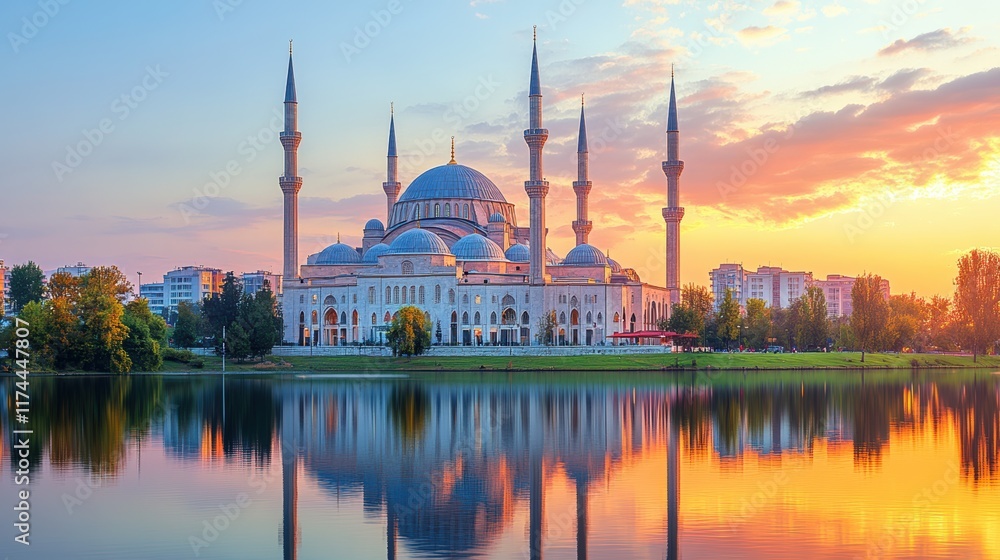 Obraz premium A serene Ramadan morning with the first rays of sunrise illuminating a mosque, with a peaceful sky in shades of orange and pink, capturing the spiritual essence of the holy month