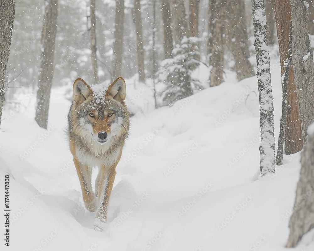 Fototapeta premium Lone wolf walking in snowy forest.