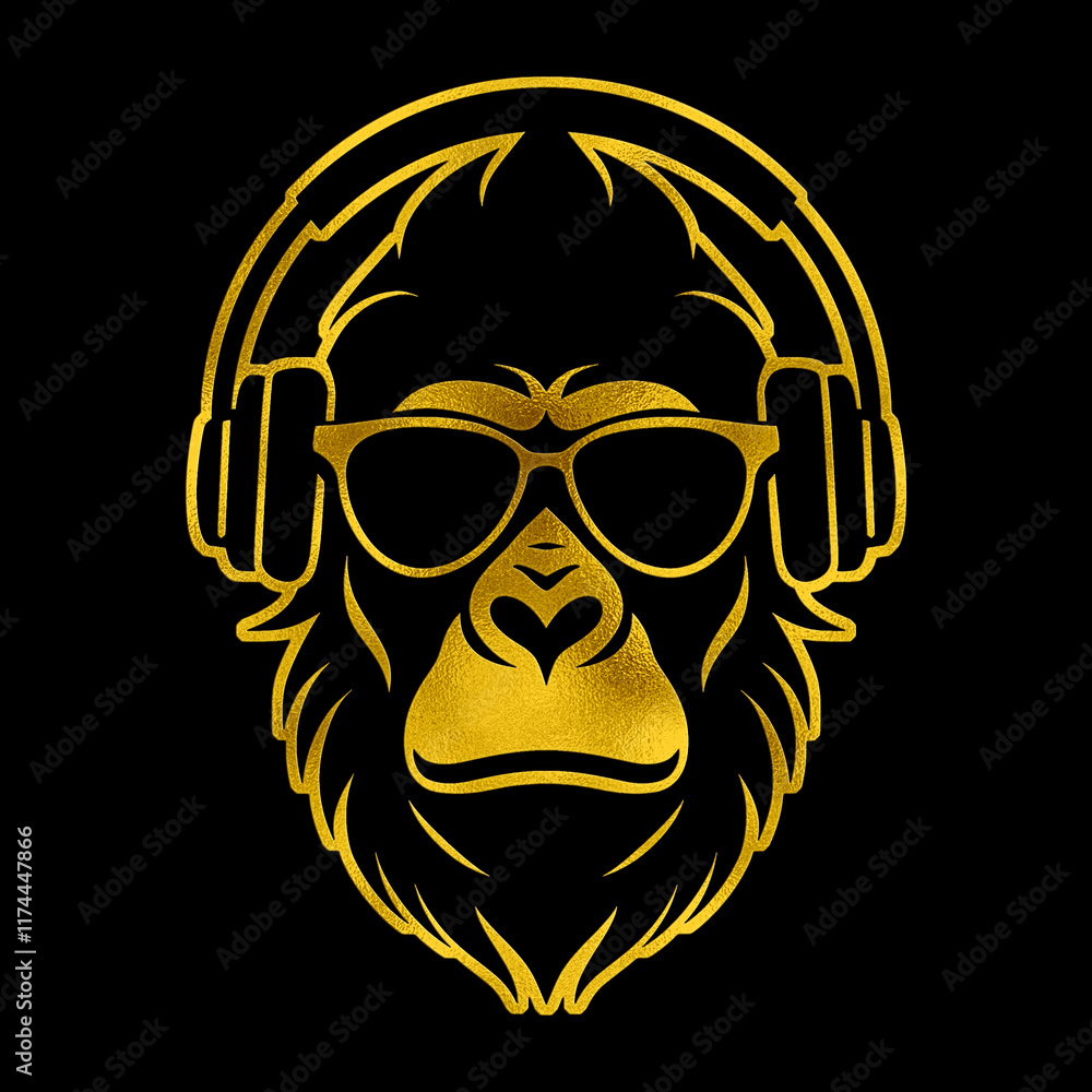 DJのヘッドホンとサングラスを身につけて音楽を聴いているゴリラのゴールドのシルエットイラスト 黒背景の切り抜き DJのヘッドホンとサングラスを身につけて音楽を聴いているゴリラのゴールドのシルエットイラスト 黒背景の切り抜き