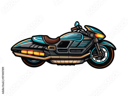 A detailed vector illustration of a futuristic hover motorcycle with anti-gravity technology, featuring sleek lines, glowing accents, and intricate details.