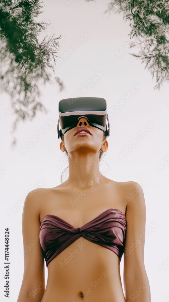 Naklejka premium Woman in VR Headset Virtual Reality Experience Summer Beach