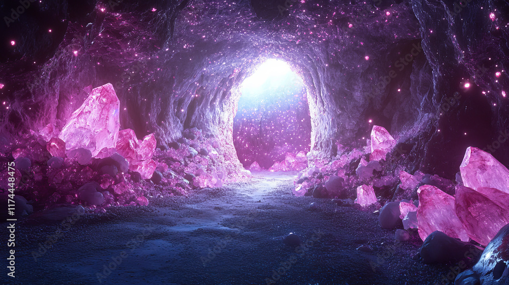 Obraz premium Cartoon cave with pink crystals on stone walls. Vector illustration of underground mine, blue fog glowing in arch door, strange haunted place full of treasure gemstones, adventure game background