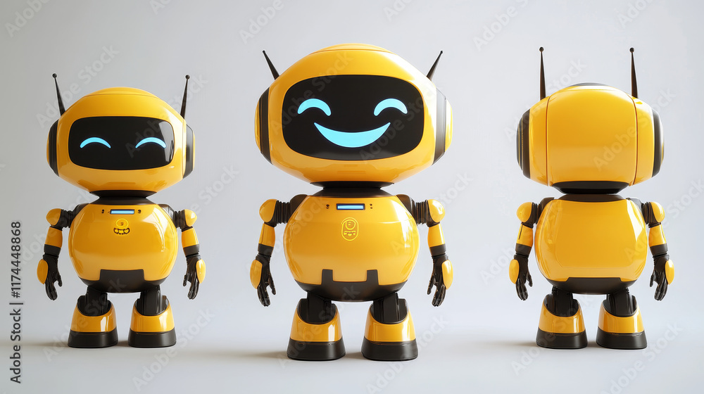 Cute robot character with smile face. 3d realistic vector set of cartoon funny ai chatbot mascot in different poses. Artificial intelligence electronic agent. Friendly digital support assistant. Cute robot character with smile face. 3d realistic vector set of cartoon funny ai chatbot mascot in different poses. Artificial intelligence electronic agent. Friendly digital support assistant.