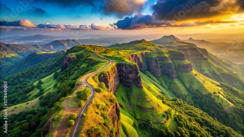 Aerial View of Kavlesaad Point, Amboli Hill Station, Maharashtra, India: Lush Green Landscape and Dramatic Cliffs photo