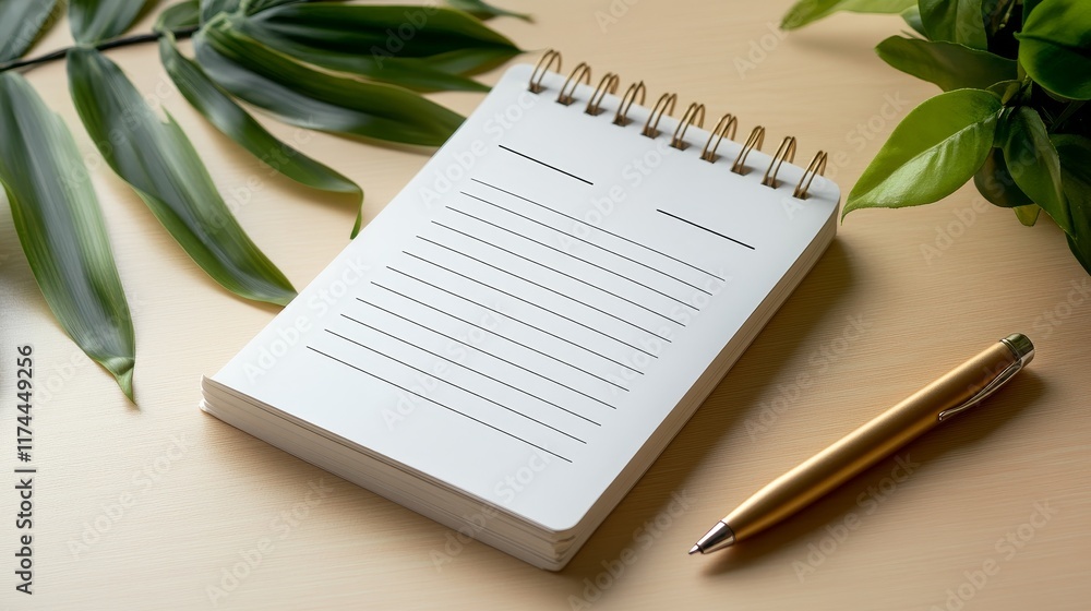 Fototapeta premium A to-do list with a white cover, placed flat on the desktop, next to a pen and a cup of coffee, suitable for productivity and organizational concepts in work or personal planning.